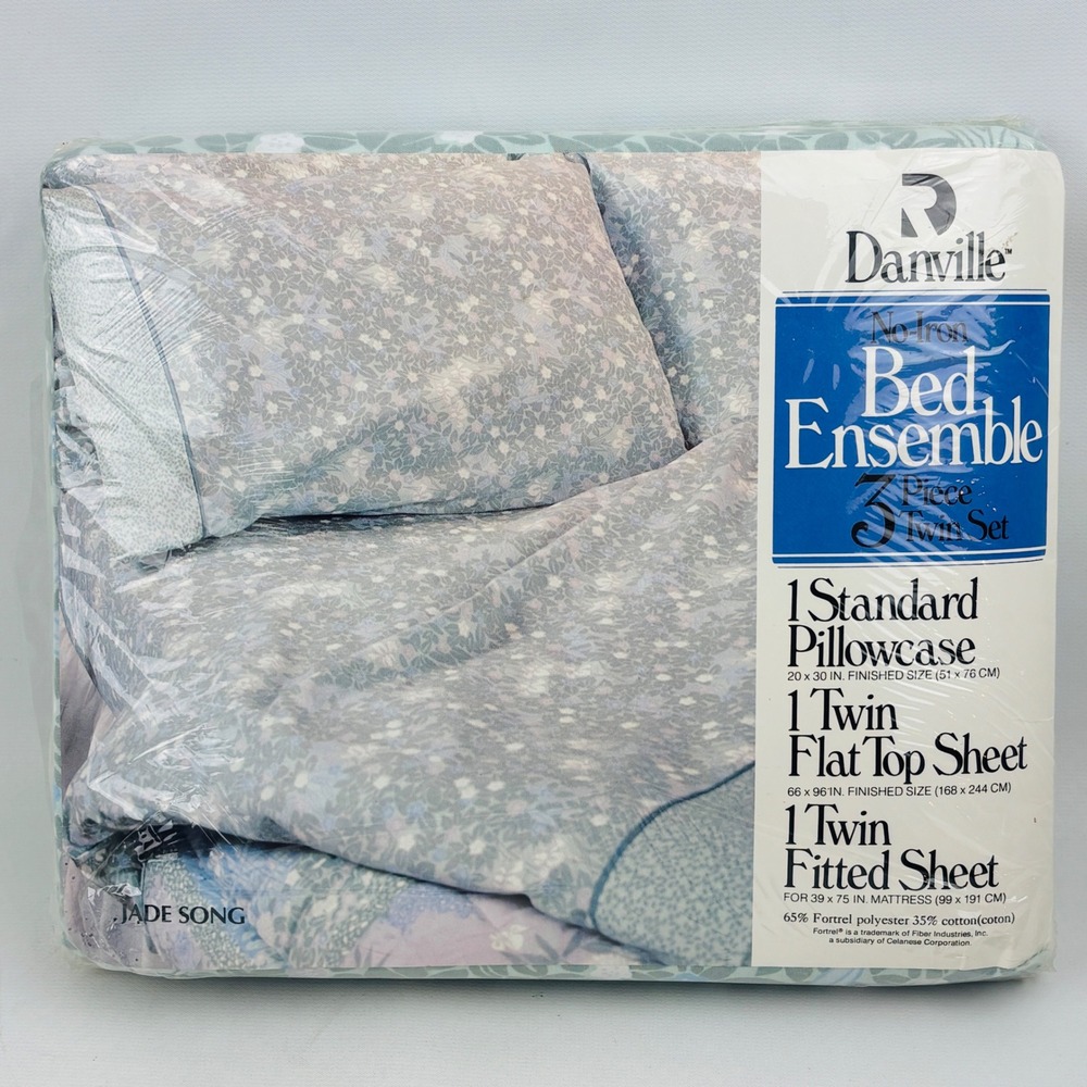 Dan River Jade Song Twin Sheet Set Floral Blue Green Flat Fitted Case Vintage